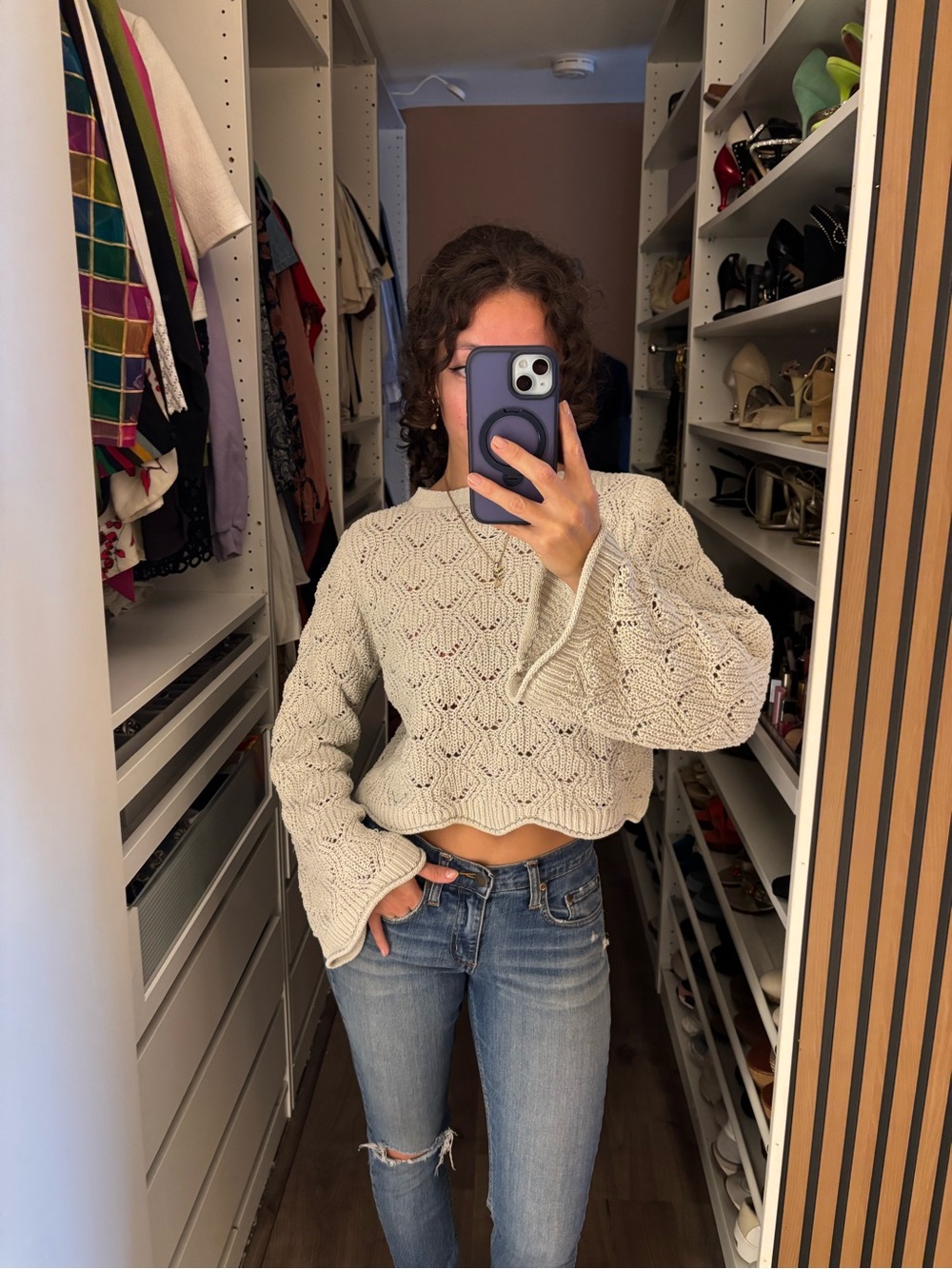 Blue Rain Cream Open-Weave Crochet Sweater
